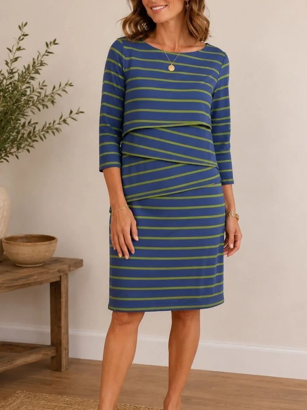 J. McLaughlinโBlue Green Striped Layered Knit Dress 3/4 Sleeve XL